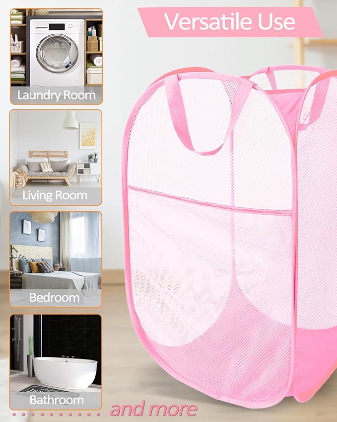 2 Pack Durable Collapsible Laundry Baskets - Reinforced Mesh Pop Up Laundry Hamper with Pocket, Foldable Dirty Clothes Hamper with Carry Handles for Laundry, Bathroom, Kids Room, Dorm or Travel Pink