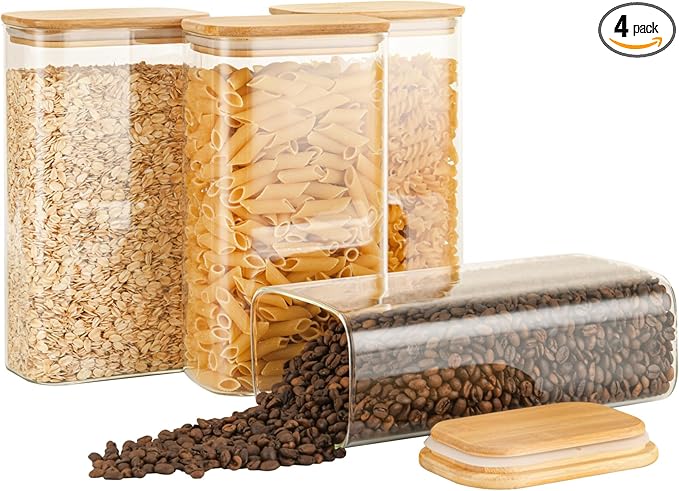 D2scrma 56oz Rectangle Airtight Glass Storage Containers with Bamboo Lids (Set of 4), Square Food Storage Jar, Pantry Organizers for Oats, Cereal, Pasta and Coffee beans (‎with Black Lable)