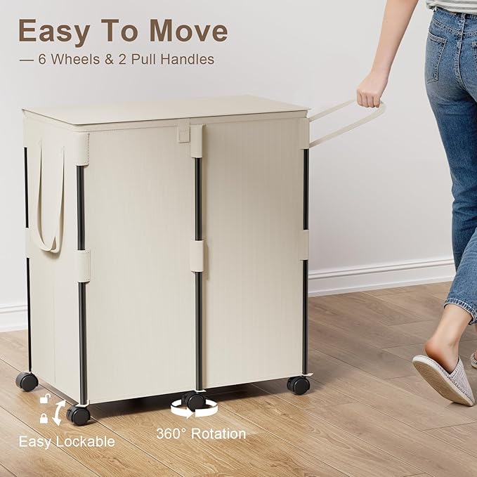 Chrislley 140L Large Double Laundry Hamper with Lid and 6 Wheels, Rolling Laundry Basket with 2 Removable Bags, Heavy Duty Metal Frame Laundry Cart, Dirty Clothes Hamper for Bathroom, Bedroom (Beige)