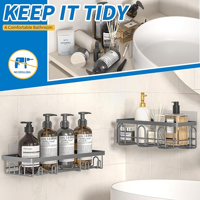 Shower Caddy 9 Pack,Adhesive Organizer for Bathroom Decor Accessories & Kitchen Storage,No Drilling,Large Capacity,Rustproof Stainless Steel Organizer,Home Decor Shelves (Grey 9 Pack)
