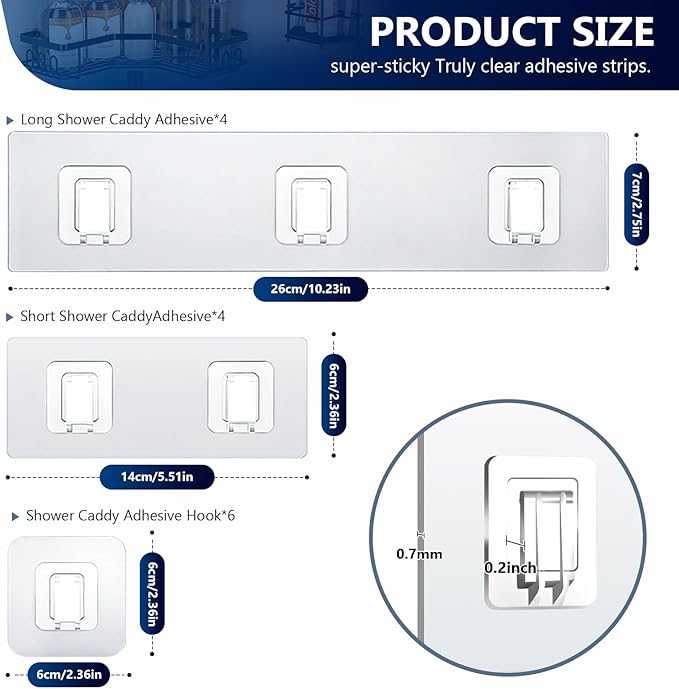 HOREAKHJ 14 Pack Shower Caddy Adhesive Replacement, Strong Adhesive Hooks, Waterproof Shower Adhesive Strips, No Drilling, for Bathroom Storage Shelves and Kitchen Racks