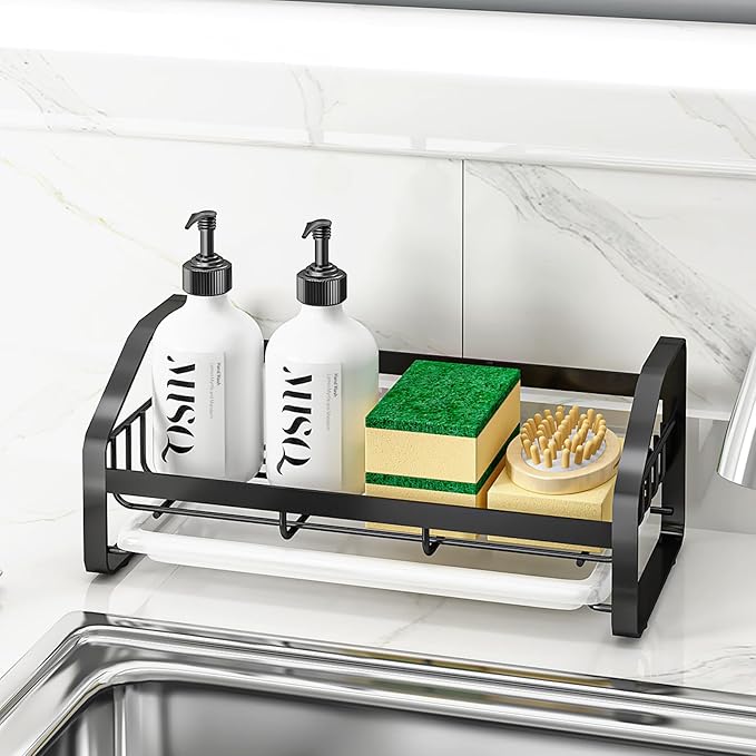 Sink Caddy, Sponge Holder for Kitchen and Bathroom, 304 Stainless Steel Countertop Organizer Soap Tray With Removable Drain Tray - Black Length Version
