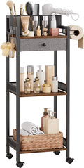 Bathroom Storage Organizers with Drawer, 3 Tier Metal Rolling Standing Unit with Toilet Paper Holder, Multifunctional Floor Corner Rack for Cosmetic, Dryer Curling Irons 12.8in Wide Black