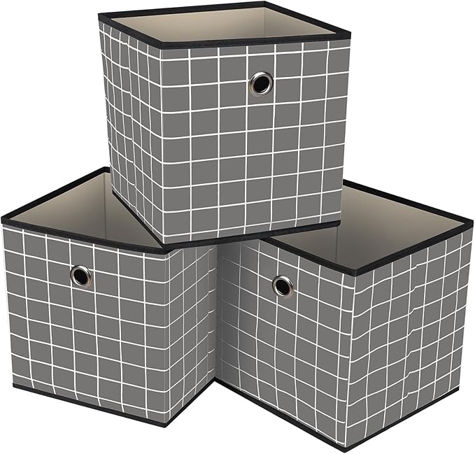 Foldable Storage Cubes Bins,11 Inch Cloth Storage Cube Fabric Storage Box Cubes Organizer Baskets with Dual Handles for Home Organizer Set of 3 (Grey grid)