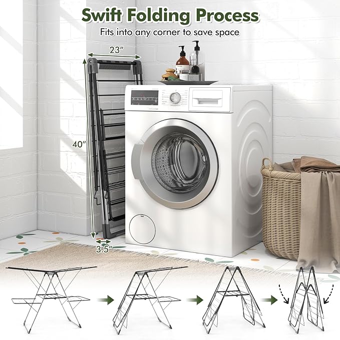 Tangkula Laundry Drying Rack, Foldable Clothes Drying Rack with Height Adjustable Wings, 33 Drying Rails & Sock Clips, Freestanding Gullwing Garment Stand for Indoor & Outdoor Use (Sliver+Grey)