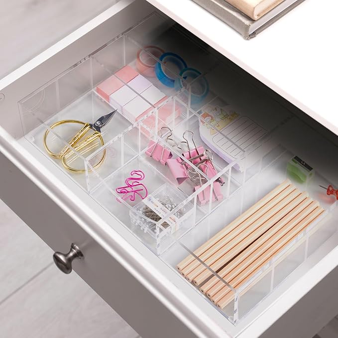 Acrylic Drawer Organizer Clear Desk Drawer Organizer Trays with Adjustable Compartments Desk Accessories for Office Stationery Makeup Silverware Bathroom (Non Expandable)
