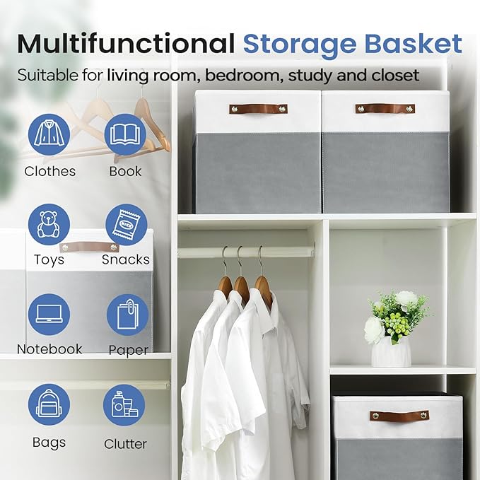 6-Pack Storage Cubes with Handles & Label Holders Basket, Closet Cube Home Organizer Bins(White/Dark Grey, 13 x 13 x 13 inch)
