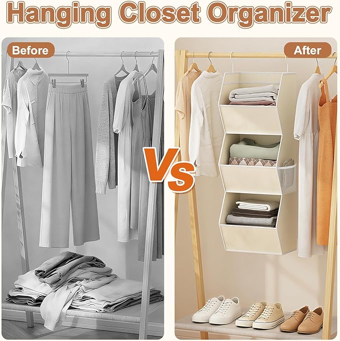 Hanging Closet Organizer 3 Shelf Collapsible Fabric Closet Organizers and Storage Hanging with Mesh Pocket for Clothes, Hanging Wardrobe Organizers and Storage for Sweater T-Shirt Shoes Toys, Beige