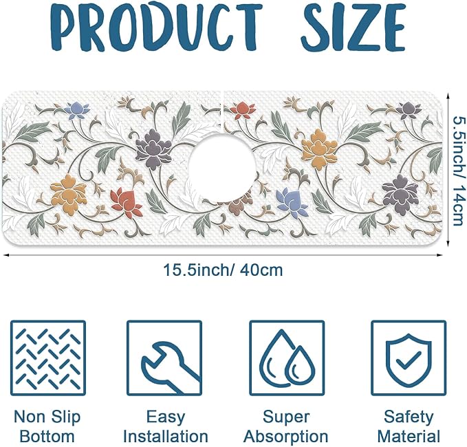 Art Ceramic Texture Sink Splash Guard Ceramic Flowers Faucet Absorbing Mat Fast Drying Mat Sink Gadgets Splash Guard Behind Faucet Drip Catcher for Kitchen Bathroom, 15.5"x5.5"