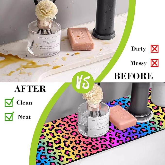Sink Faucet Absorbing Mat Rainbow Colored Leopard Print Sink Splash Guard Drying Mat for Kitchen Bathroom Faucet Sinkmat 23.5"X5.5"