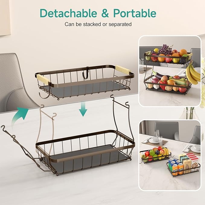2 Tier Large Fruit Basket for Kitchen Counter with 2 Mobile Banana Hangers, 2026 Pro Detachable Metal Fruit Bowl with Wooden Handle (Brown, 2 Tier)