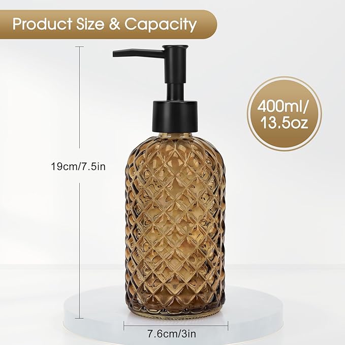 2 Pack Gem Glass Soap Dispenser with Black Plastic Pump, 13oz Liquid Hand Soap Dispenser, Rustproof Pump for Kitchen & Bathroom, Great for Lotions, Essential Oil, Liquid Soaps-Amber