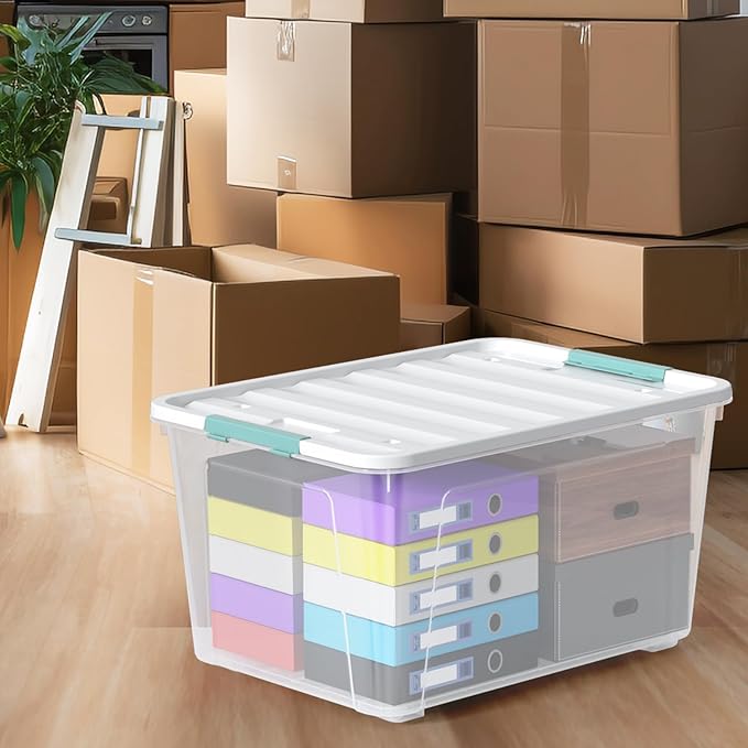 Aninhao 85 Quart Clear Plastic Storage Bin with Wheels, 4-Pack Large Latching Storage Box with Lid