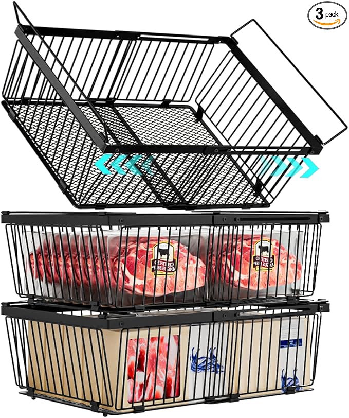 Large Freezer Organizer Bins，Upgraded Bottom Leak-Proof net，Fit 10 to 20 Cu.Ft Deep Freezer，3 Pack， Expandable Stackable Chest Freezer Organizer Bins , for Fridge, Deep Freezer, Cabinet