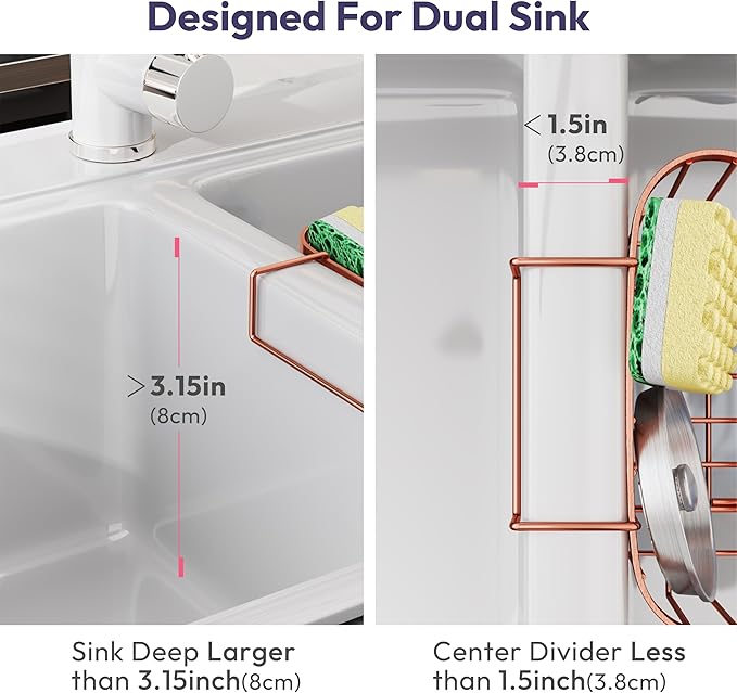 SWTYMIKI Sink Caddy - Movable Stainless Steel Hanging Organizer with M Shape Hook, Fits Double Sink, Rose Gold