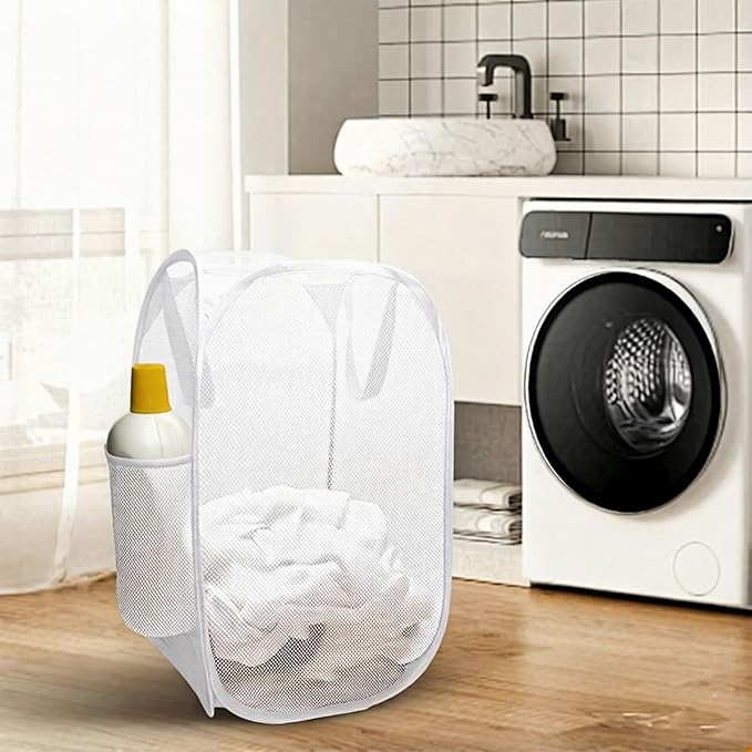 The upgraded pop-up laundry basket features a breathable side pocket mesh design, making it ideal for rooms, apartments, dormitories, travel, business trips, and children's storage (1,white)