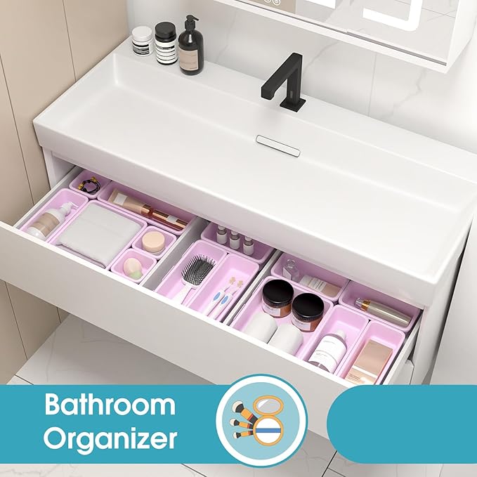 10 PCS Drawer Organizer Set, 4 Size Makeup Drawer Divider Organizer With Non-Slip Pads, Interlocking Plastic Storage Bins for Office,Jewelry Vanity,Gadgets, Bathroom,Kitchen, Purple