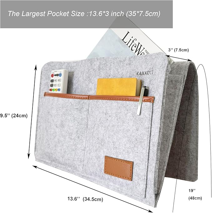 KAKKOII Bedside Caddy, Sofa Caddy, Storage Organizer Pocket for Dorm, Bedroom, 5 Pockets Felt Organizer for Magazine, Remote, Phone, Tablet, Pad, Glasses, Pen, Remote Control (Light Grey-Short)
