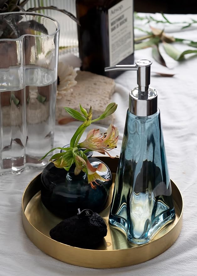 EMPO Vintage Elegant Glass Soap Dispenser, Liquid Soap/Sanitizer/Shampoo Bottle with Golden ABS Pump, Rustic Farmhouse Decor Hand Soap Dispenser Bathroom Accessories (Ripple Yale-Blue)