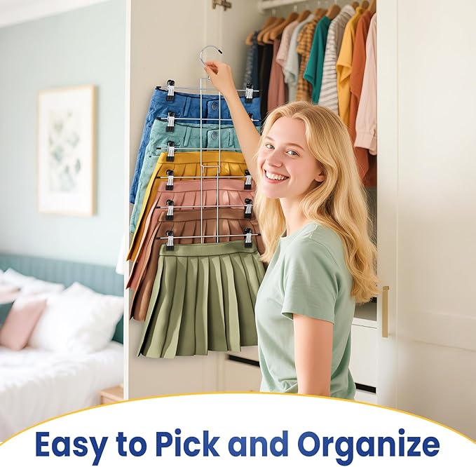 DAMITA Skirt Pants Hangers with Clips Space Saving Hanging Closet Organizer 6 Tiers Hanger with 360° Swivel Hook, Finger-Safe Design- College Dorm Room Apartment Essentials 1-Pack