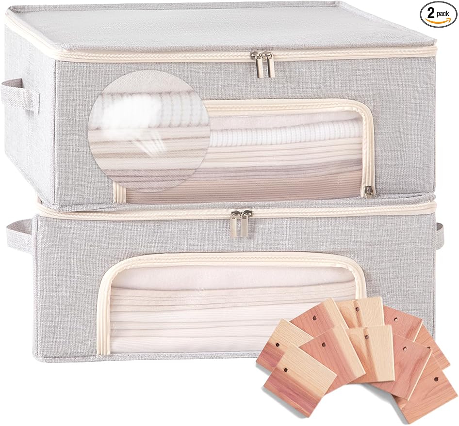 Beveetio 2-Pack Cashmere Sweater Storage Bags with Natural Cedar Blocks, Breathable Clothes Storage Bag with Mesh Window & Handles, Foldable Closet Garment Storage for Cashmere, Wool & Knitwear