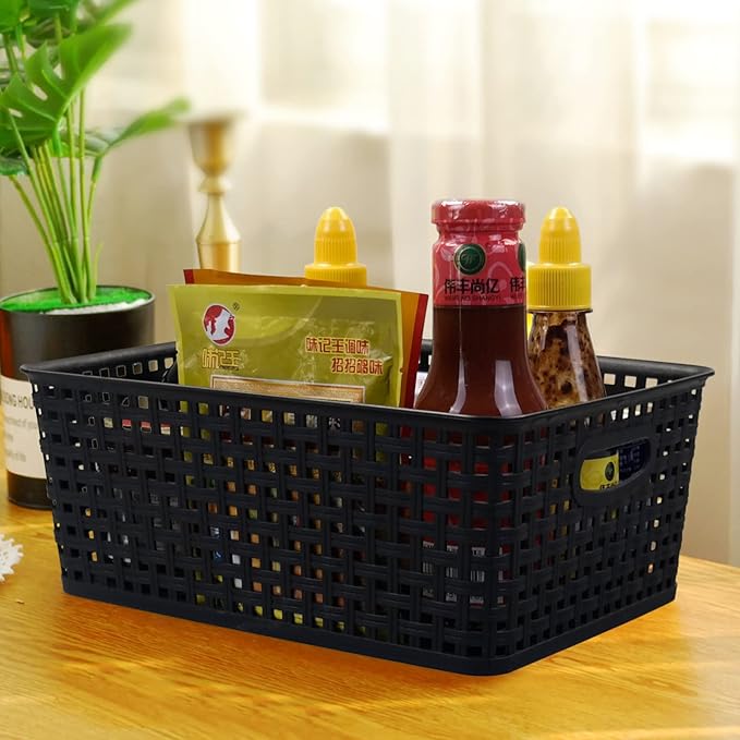 Obstnny Plastic Weave Storage Basket 4 Pack, Kitchen Pantry Organzing Basket Bin, Black