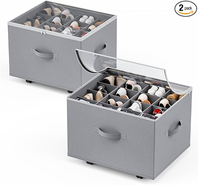 HOUSE AGAIN 2 Pack Shoe Organizer for Closet with Wheels, Shoe Storage Bin,Large Shoe Storage Organizer with Adjustable Dividers and Clear Cover, Space-Saving & Fits up to 16-32 Pairs of Shoes
