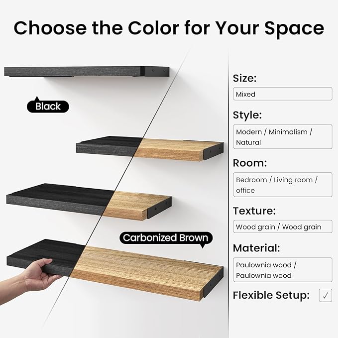 BAYKA Wall Mounted Floating Shelves, Wood Floating Wall Shelf for Books & Decor, Small Space-Saving Display & Organizer（Black，Set of 4）