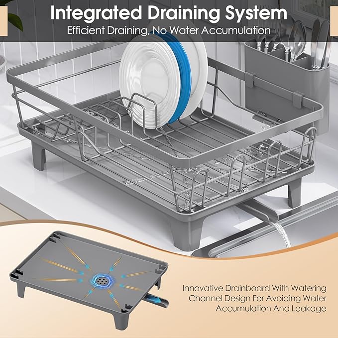 Dish Drying Rack for Kitchen Counter, Sink Dish Rack with Drainboard, Large Dish Drainer with Cups Holder, Home Countertop Plate Dryer Storage Rack with Cutlery Holder, Gray