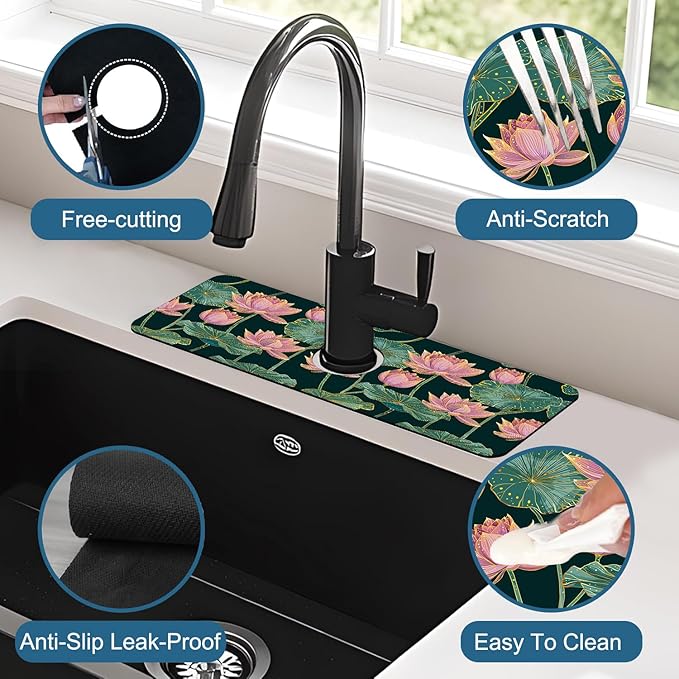 Lotus Pond Pattern Sink Splash Guard Faucet Mat Lotus Flowers Leaves Super Absorbent Fast Drying Mat Sink Gadgets-Splash Guard Behind Faucet Drip Catcher for Kitchen Bathroom, 15.5"x5.5"
