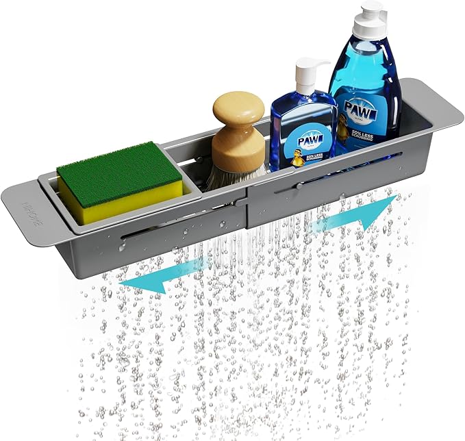 NiHome Extendable Over Sink Kitchen Organizer, Small Telescopic Brush Storage Rack for Sponge, Non-Slip Pads Expandable Sink Caddy, Adjustable Sponge/Brush Rack with Drainage Durable ABS (Dark Gray)