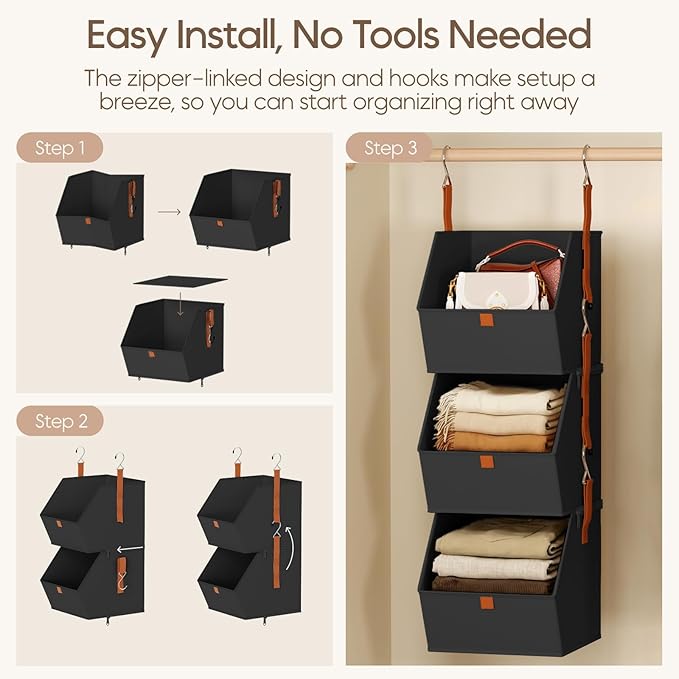 Collapsible Hanging Closet Organizer - 3 Tier Closet Shelves Storage System with Hooks, Fabric Hanging Storage Bins for Clothes, Foldable Storage Basket for Laundry, Bedroom, Rv, Black