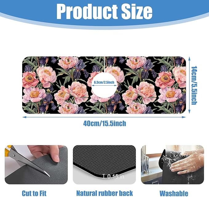 Sink Splash Guard Faucet Mat Peony and Iris Flowers Absorbent Fast Drying Mat Sink Gadgets Splash Guard Behind Faucet Drip Catcher for Kitchen Bathroom 15.5"X5.5"