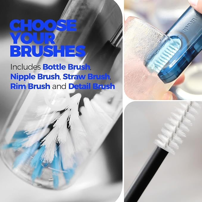 Holikme 6 Pack Bottle Brush Set, 14" Long Handle Stainless Steel Bottle Cleaner Brush, 3 Straw Brushes, 3-in-1 Bottle Cleaning Brush for Water Bottle, Baby Bottle, Blue&White