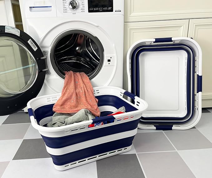 SAMMART Set of 2 Collapsible Plastic Storage Basket - Foldable Pop Up Storage Container - Portable Laundry Organizer - Space Saving Hamper (White/Starry Blue, 42L (Style A))
