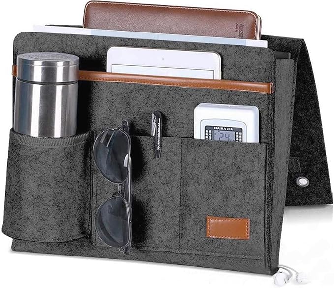 Bringsine Bedside Caddy, Felt Bed Storage Organizer Hanging Bag Holder with 5 Pockets for Magazine Book Phone Tablet iPad Cables Remote & Water Bottle Holder Home Dorm Bed Sofa-Deep Gray