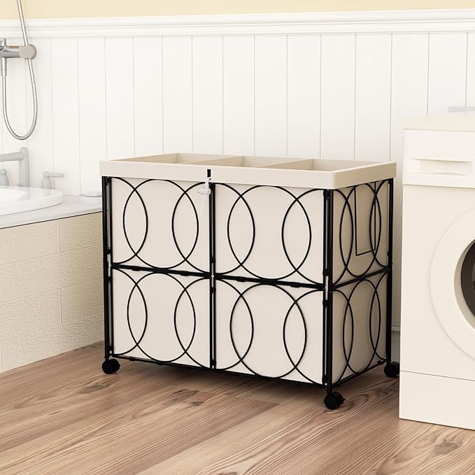 VIPLEO Laundry Hamper with 3 Section, Large 180L Rolling Laundry Basket with Wheels, Metal Heavy Duty Laundry Hamper with Detachable Bags, Dirty Clothes Hamper Organizer for Bedroom, Bathroom(Beige)