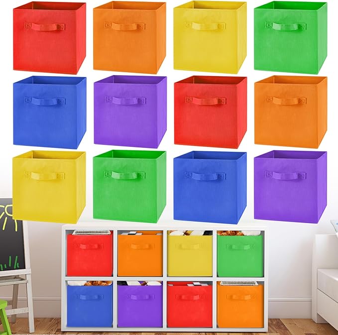Yinder 12 Pcs Cube Storage Bin Rainbow Colored 11'' Storage Bins for Playroom Decor Colorful Bins for Kids Foldable Baskets for Nursery Organizer Boxes Fabric Boxes