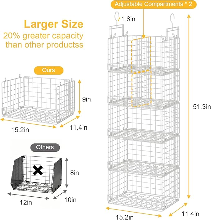5 Tier Hanging Closet Organizer with Adjustable Dividers, Heavy-Duty Storage Shelves for Clothing, Kitchen, Laundry Room, Extra Large Baskets, 15.7" W x 11.8" D x 51" H, White