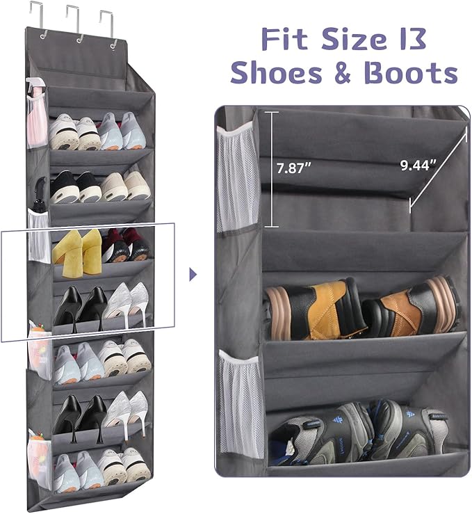 Miracsnail Over the Door Shoe Organizer Hanging with 8 Mesh Pockets 8 Wire Large Deep Pockets, 50lbs Weight Capacity Fits 16 Pairs Shoes Door Shoe Rack Store for Closet and Narrow Door 1 Pack