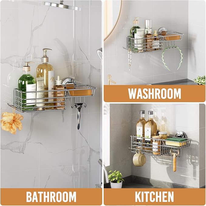 LEVERLOC Shower Caddy Suction Cup, Organizer with Hooks & Soap Holder for Inside Shower, Removable Bathroom Shelf