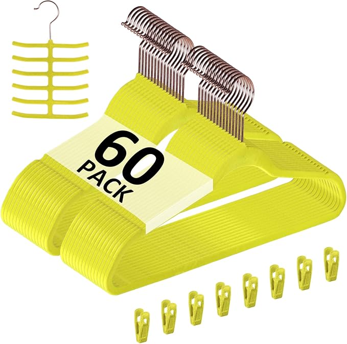 VECELO Premium Velvet Clothes Hangers Suit Heavy Duty (60 Pack)-Non Slip & Space-Saving with 8 Finger Clips & Tie Rack Excellent for Men and Women,Yellow