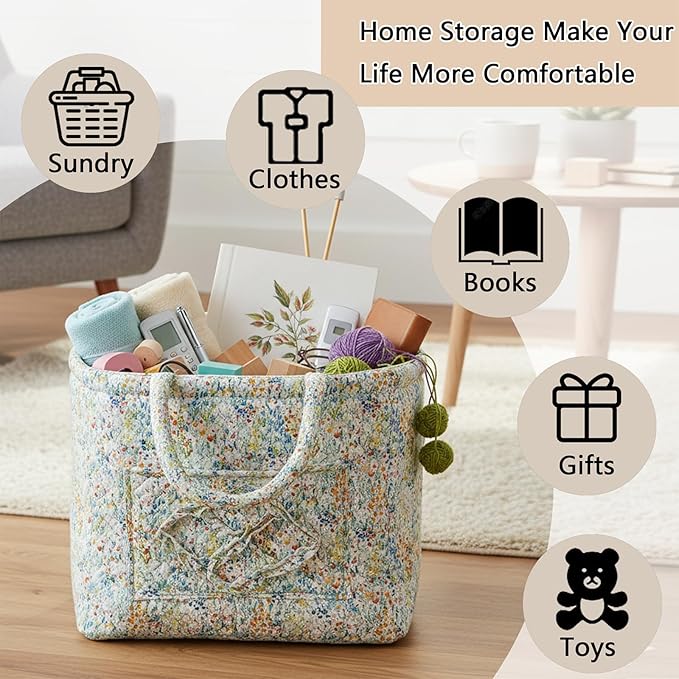 Quilted Fabric Storage Basket with Handles & Pocket, Foldable Laundry Hamper Boho Floral Print Organizer Bin for Home, Picnic, Office 12"x10"x10" (A-3)