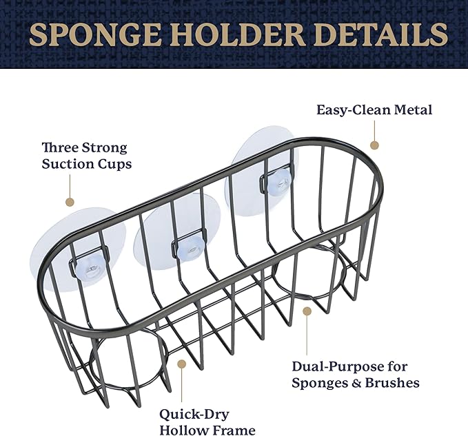 Farberware Sponge Holder for Kitchen Sink—Brushed Metal Sink Caddy Organizer with Triple Suction Cups, Kitchen Organizer for Sponges, Brushes, Soap & Cleaning Essentials