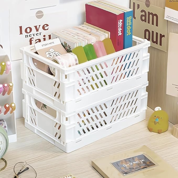 Small Pastel Plastic Storage Bins 2Pcs Foldable Pastel Crates Plastic Basket Colorful Storage Containers Baskets for Classroom Kitchen Office Bedroom Desktop Home Decor (White 5.8" x 3.8" x 2.2")