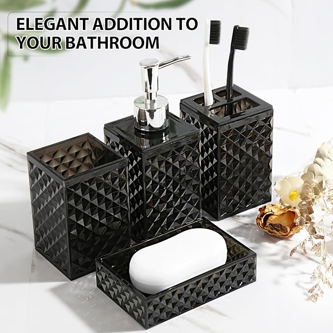 Black Bathroom Accessories Set, 4 Pack Matte Black Bath Accessory Sets Complete, Acrylic Soap Dispenser and Toothbrush Holder Set for Bathroom Counter Sink, Modern Bathroom Decor