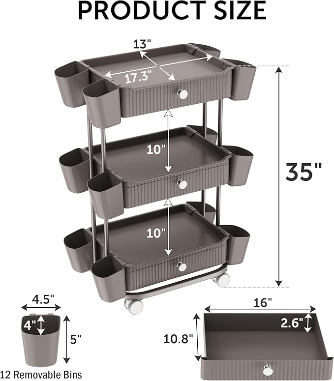 3 Tier Drawer Shelf Beauty Cart with 12 Movable Storage Organizer, Thickened Durable ABS, 360° Wheels for Salon Station for Hair Stylist, Beauty Salon, Spa Massage Parlor, Makeup Organizer - Brown