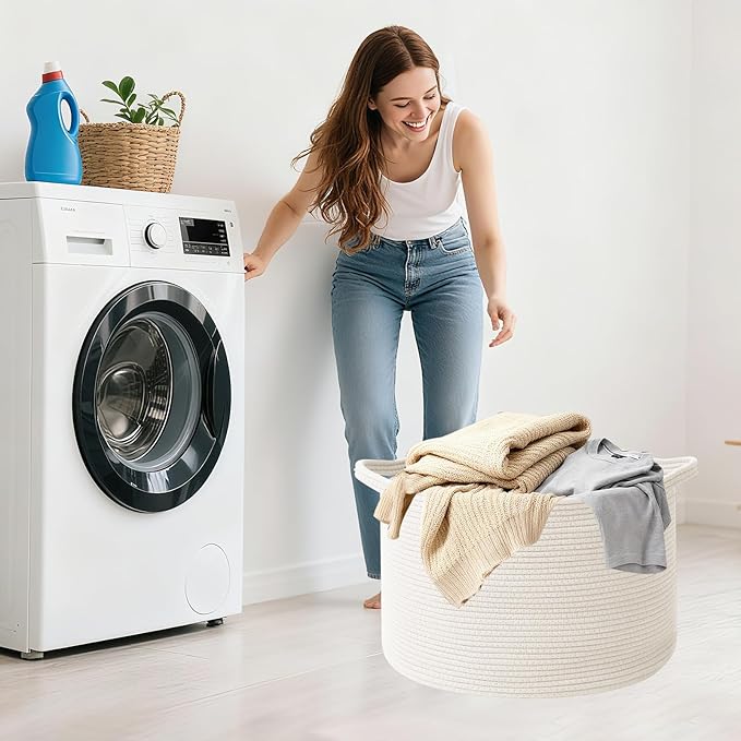 115L Large Blanket Basket,23.6" L x 23.6" W x 15.7" H Rope Woven Baskets with Handles, Toys Storage Bins,Laundry Basket Perfect for Living Room, Nursery,Bedroom,Home Organization,White