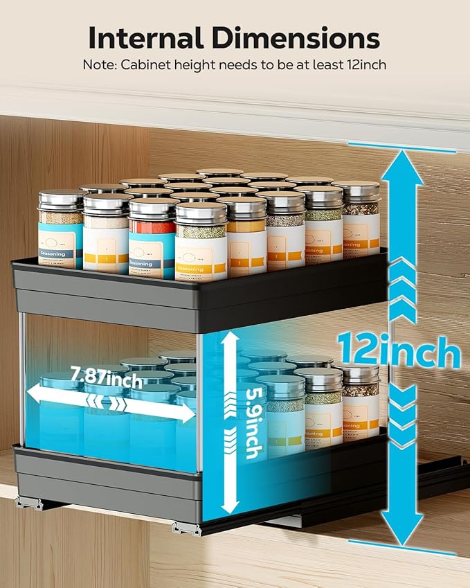 Nieifi Spice Organization for Cabinet-Vertical Spice Rack Pull Out-Spice Rack Organizer for Cabinet-8-1/4 inch Wide-Seasoning Kitchen Organizer-8.26" W x 10.6" D x 8.7" H-2 Pack-2 Tier