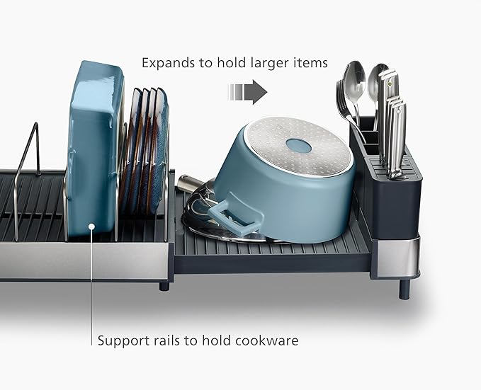 Joseph Joseph Extend Max Steel Expanding Dish Drying Rack, high Capacity for Large Items, Cutlery and Knife Holder, Swivel Draining Spout, Stainless Steel